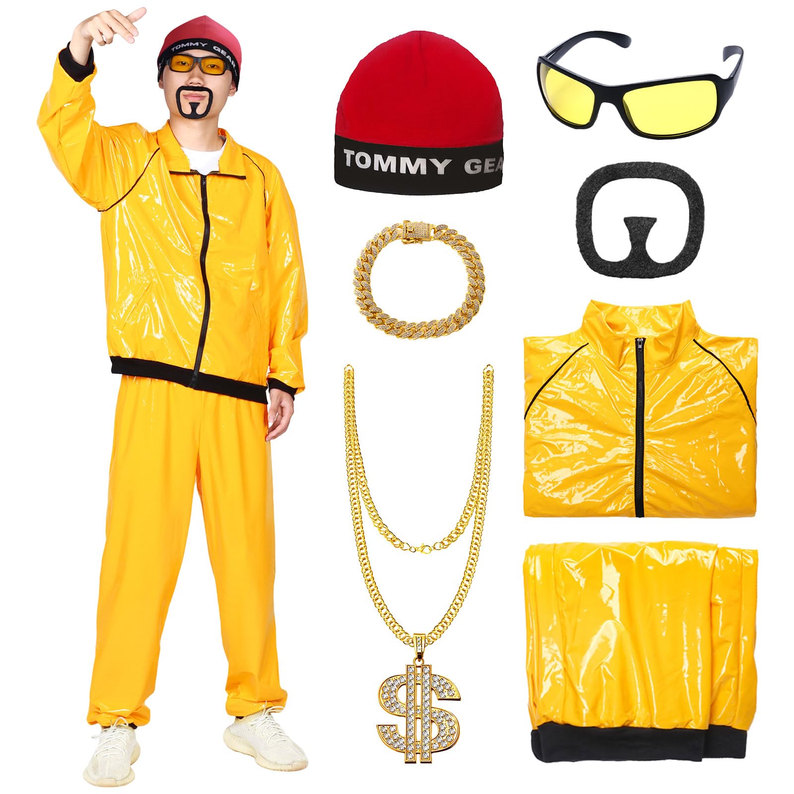 Ficlwigkis 90s Fancy Dress Costume for Men - Ali G Costume with 6Pcs 90s 80s Rapper Funny Shell Suit, Necklace, Glasses, Beard for Halloween & Stag Do (Yellow, XXL)