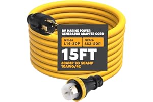 Tellegloww 15FT NEMA L14-30P to SS2-50R RV Marine Power Generator Adapter Cord, 30A 4 Prong Locking Generator L14-30P Male to 50A Marine Shore Power SS2-50R Female with Locking Ring 125V/250V