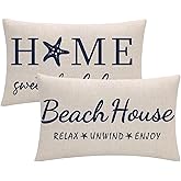 2Pack Beach House Decor Pillow Covers Relax/Enjoy/Unwind/Starfish Rectangular/Waist Cushion Covers Navy Blue Home Sweet Home Summer Holiday Decorative Lumber Pillowcases 12" X 20"(Navy Blue)