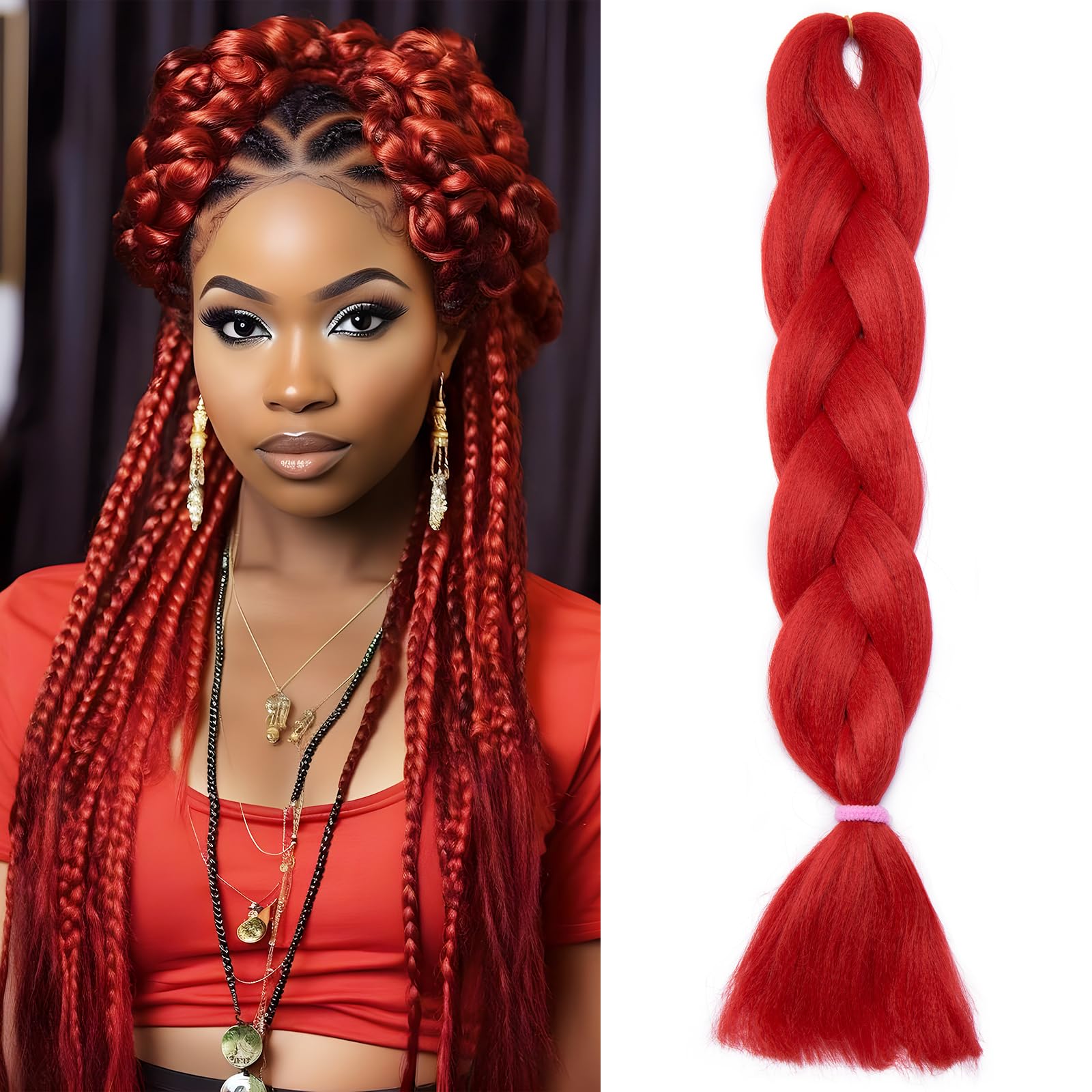 Benehair 24 Inches Braiding Hair Long Braids Extensions Hair Colorful Synthetic Hair for Braid Human Braiding Hair Light Red Hair Extensions for Women(Light Red, 100g) — image 1