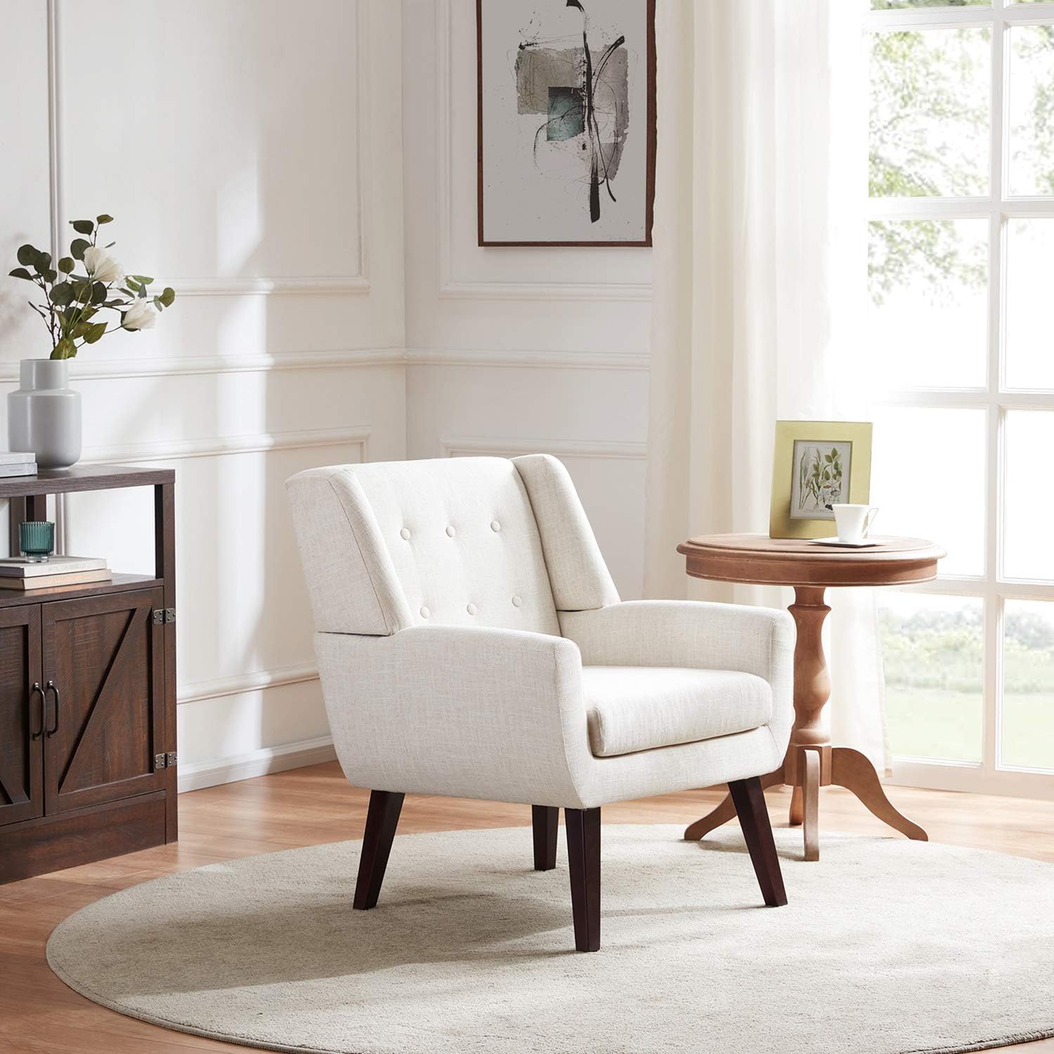 Mid Century Modern Comfy Reading Chair Upholstered Button Tufted Armchair Beige Living Room Huimo Accent Chair Linen Fabric Sofa Chairs For Bedroom Chairs Living Room Furniture Lparsacom