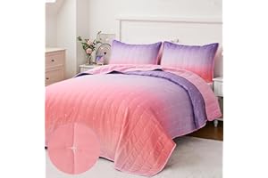 SUCHBED Full Size Quilt Set for Girls - Lightweight Bedspread & Star Quilted Bedspread Coverlet - Pink & Purple Gradient 3 Piece Bedding Set