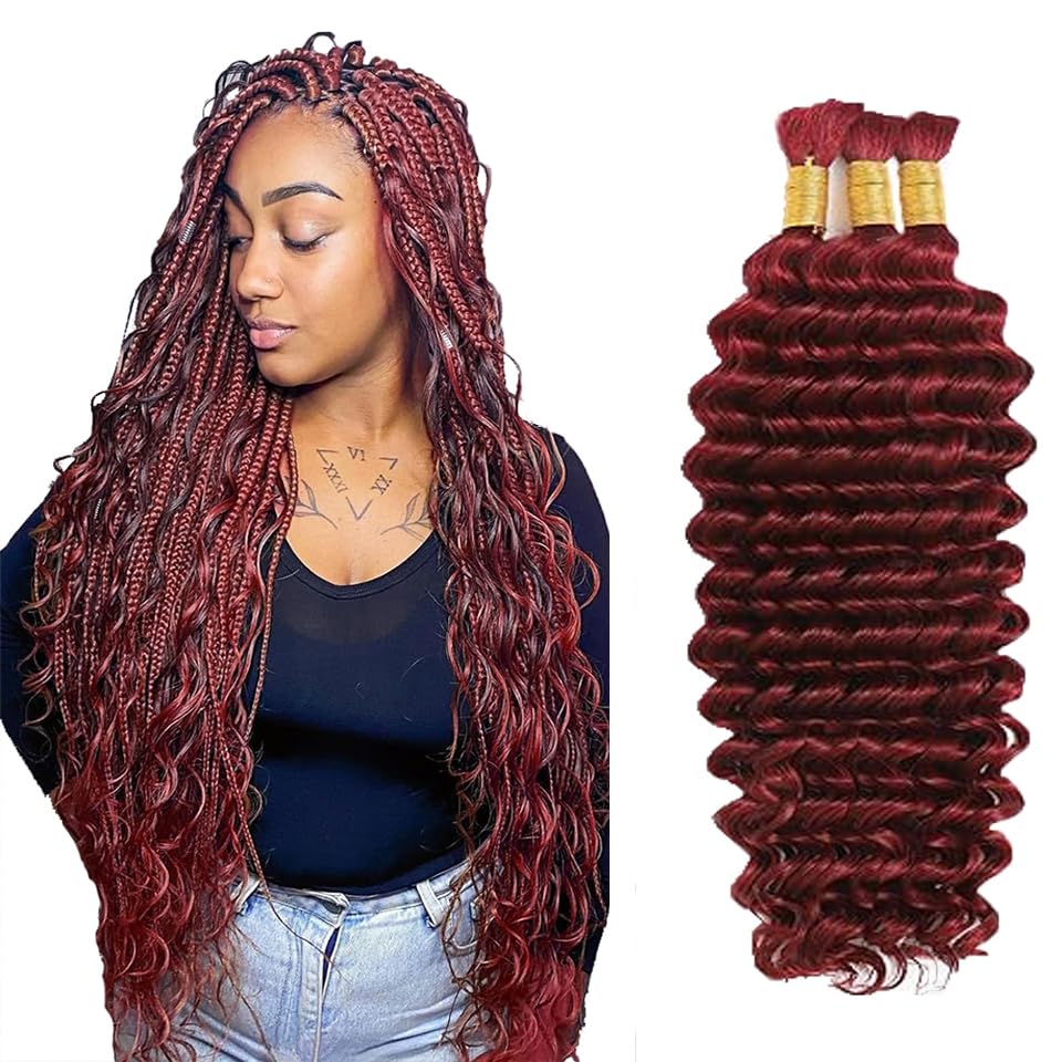 Photo 1 of #99J Burgundy Human Braiding Hair Deep Wave Bulk 16 16 16 Inch Light Wine Red Deep Wave Braids Human Hair Extensions Unprocessed Virgin Remy Hair 3 Bundle 50 Gram Per Bundle