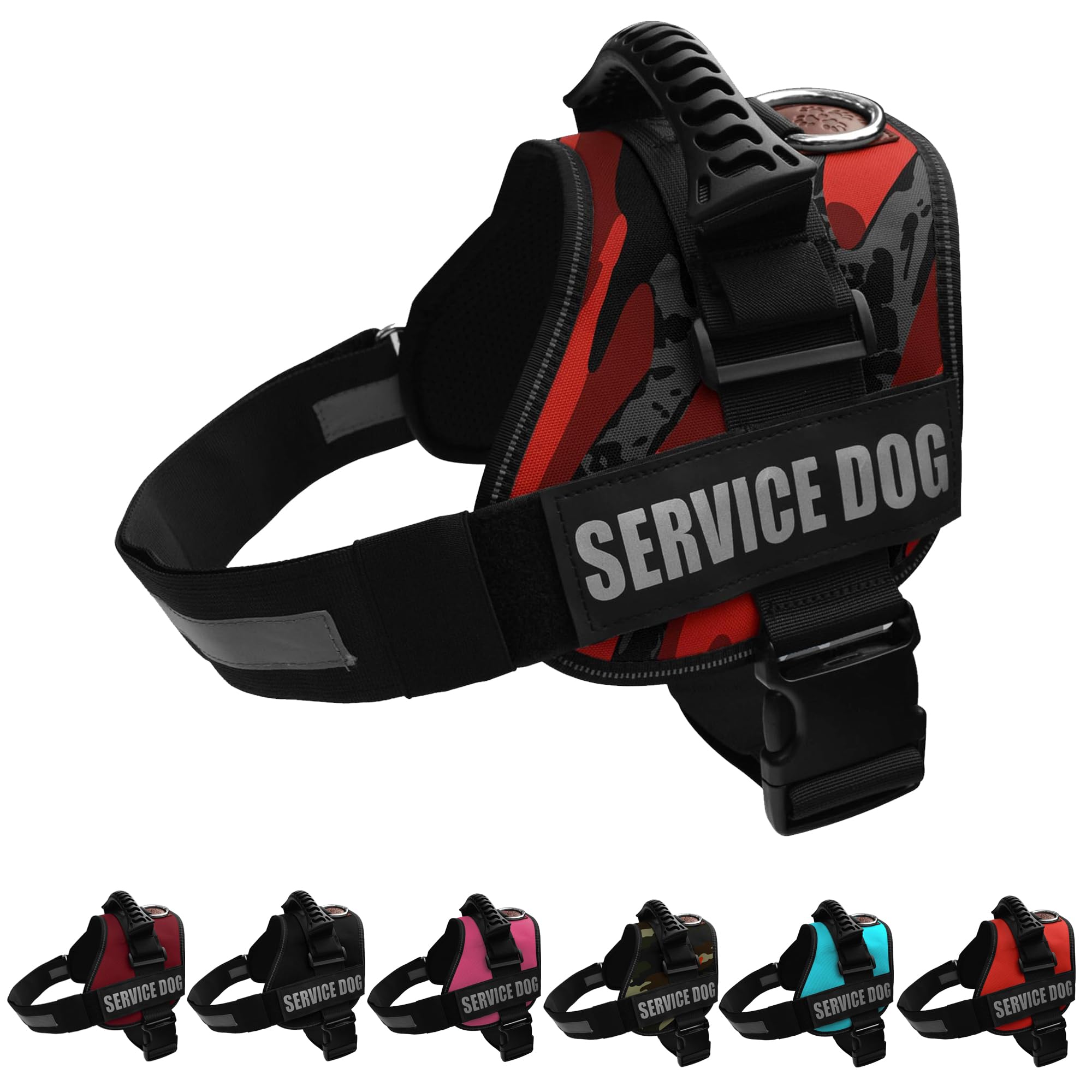 ALBCORP Reflective Service Dog Vest Harness – No-Pull Harness with Handle & Comfy Mesh Padding – Available in Sizes XXS-XL– with 2 Removable Hook & Loop Service Dog Patches, Extra Large, Red Camo