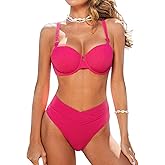 CUPSHE Women's Bikini Sets Two Piece Swimsuit High Waisted Underwire Push up Bathing Suit Cheeky Bottom Self Tie