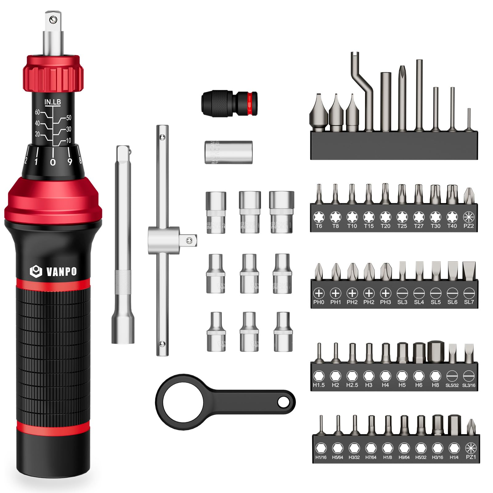 Photo 1 of VANPO Torque Screwdriver, 10-60 in.lb, 64 Pcs Inch Pound Torque Wrench Screwdriver Set for Maintenance with T-bar Handle, Flat, Hex, Torx, and Phillips Bits, For Tools, Bike Repairing and Mounting
