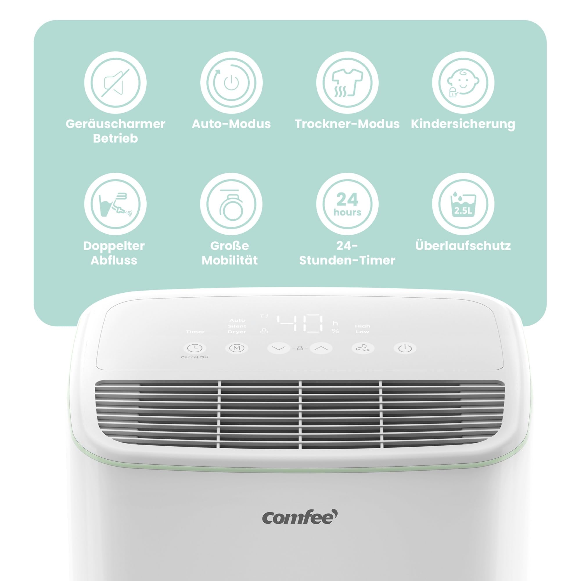 COMFEE Luftentfeuchter 12 Liter/Tag, Geeignet für Räume von ca. 50 Kubikmetern (20 Quadratmetern), Automatische Abtauung, Kindersicherung, Geräuschreduzierung, Kältemittel R290, CDDOE-12DEN7-QA3(EU) 2