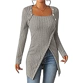 MLXSJ Womens Lightweight Asymmetrical Sweaters Long Sleeve Shirts Casual Fall Button Decor Tunic Tops