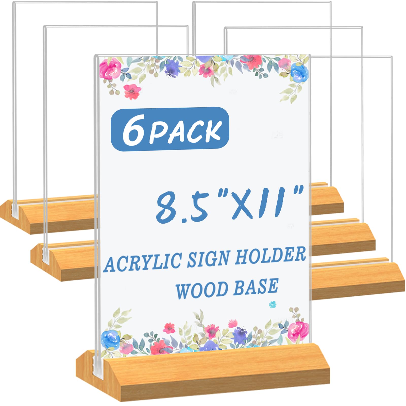 Photo 1 of Acrylic Sign Holder 8.5 x 11 Inch 6 Pack, Wood Base Paper Stand for Menu Flyer Display, Table Top Clear Plastic Picture Frame for Stores, Restaurants, Hotels, Office, Farmers Market Show Fair Decor.