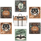 6Pcs Coasters with Metal Holder, Vintage Green Black Halloween Absorbent Square Ceramic Stone Mat Coaster, Drink Coasters Cup Mats for Bar Party Home Office Table Decor Warming Gift