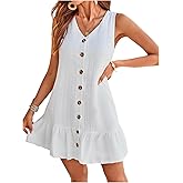 MakeMeChic Women's Ruffle Hem Button Down V Neck Short Dress Sleeveless Tank Dresses