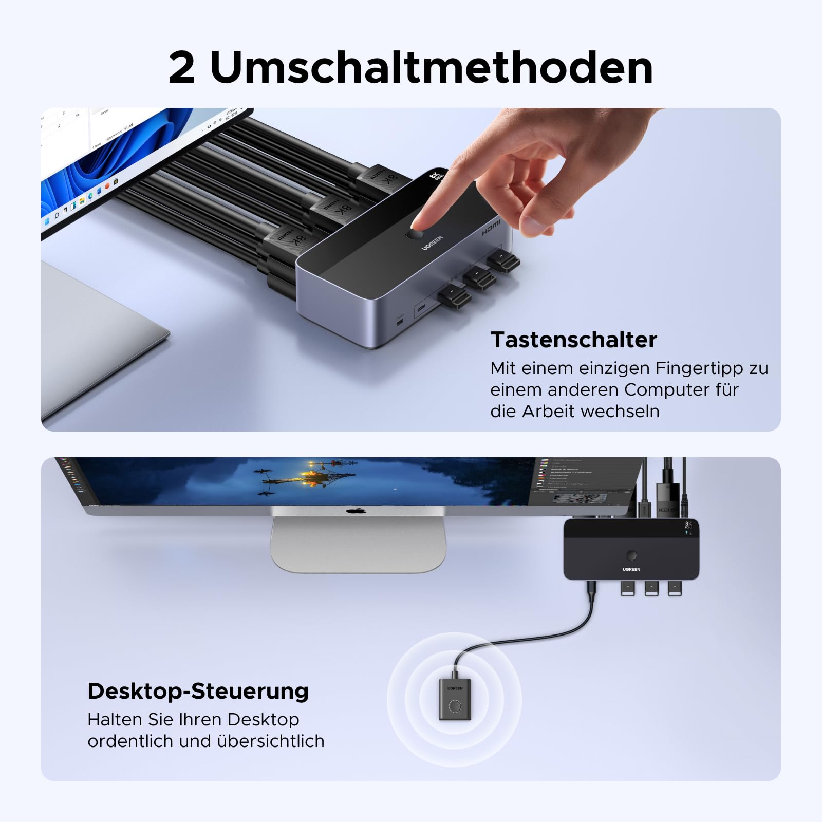 UGREEN HDMI+Displayport KVM Switch 2 PC 3 Monitore 8K60Hz mit 4 USB 3.0 Ports, Tasten- und Desktop-Controller Umschaltung Kompatibel mit Windows/Linux/MacOS usw. 7