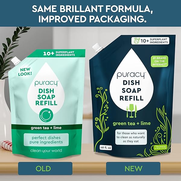 PURACY NATURAL DISH SOAP REFILL, SKIN-SOFTENING PLANT-BASED LIQUID DISHWASHING DETERGENT SOAP, CLEAN-RINSING WATER-SHEETING FORMULA, (GREEN TEA AND LIME 48 OZ)