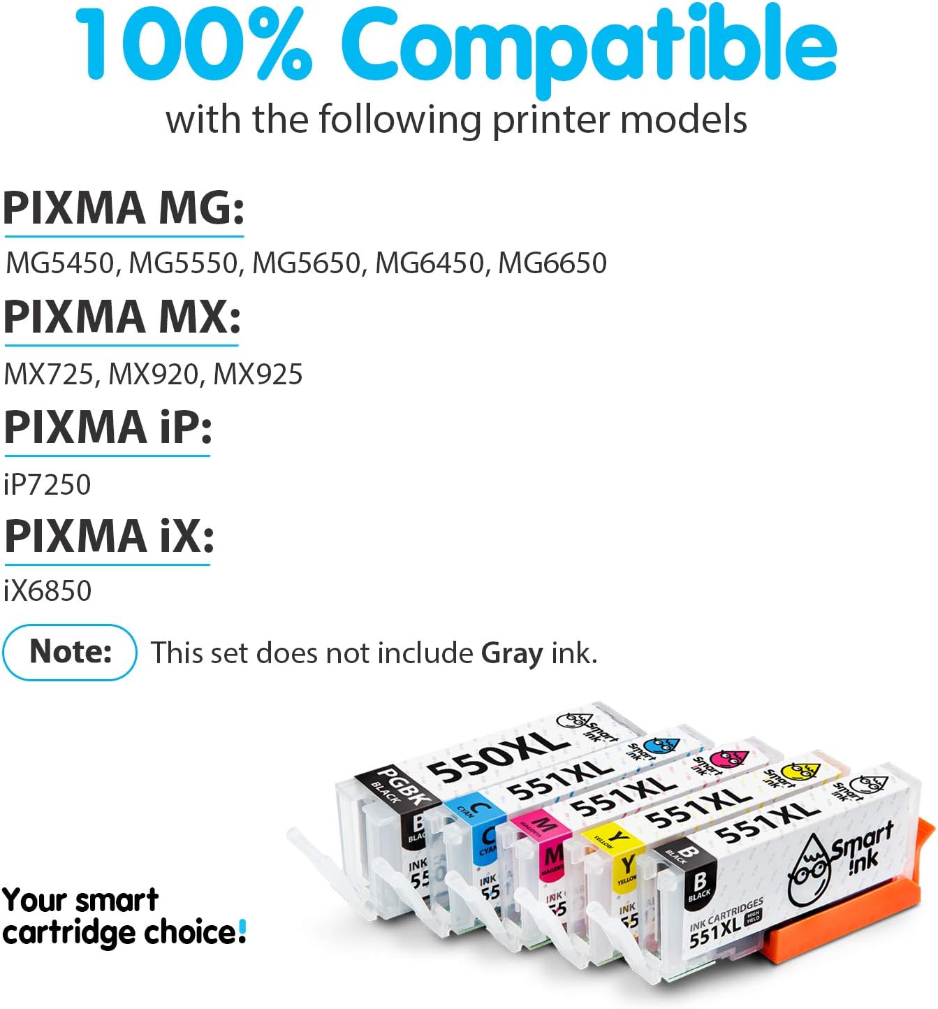 Smart Ink Compatible Ink Cartridge Replacement for Canon PGI 550 550XL CLI 551 551XL (2 PGBK & 2 BK/C/M/Y 10 combo pack) to use with PIXMA MG5450 MG5650 MX725 MG7550 MG6450 MG6350 iP8750 iP7250 MX925 - Image 3