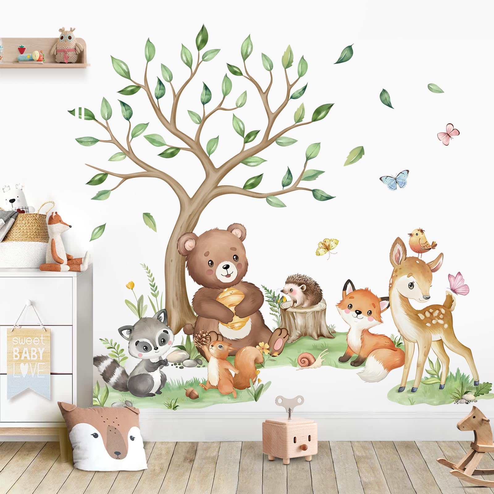 wondever Woodland Animal Tree Wall Stickers Bear Fox Deer Raccoon Peel and Stick Wall Art Decals for Baby Nursery Kids Bedroom Living Room