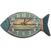 Cunno Silent Beach Wall Clock Wooden Non-Ticking Coastal Sea Fish Clock | Fish Shape Wall Clock, Lake House Decor, Ocean Themed for Living Room Bedroom Kitchen, Battery Operated, Battery Not Included