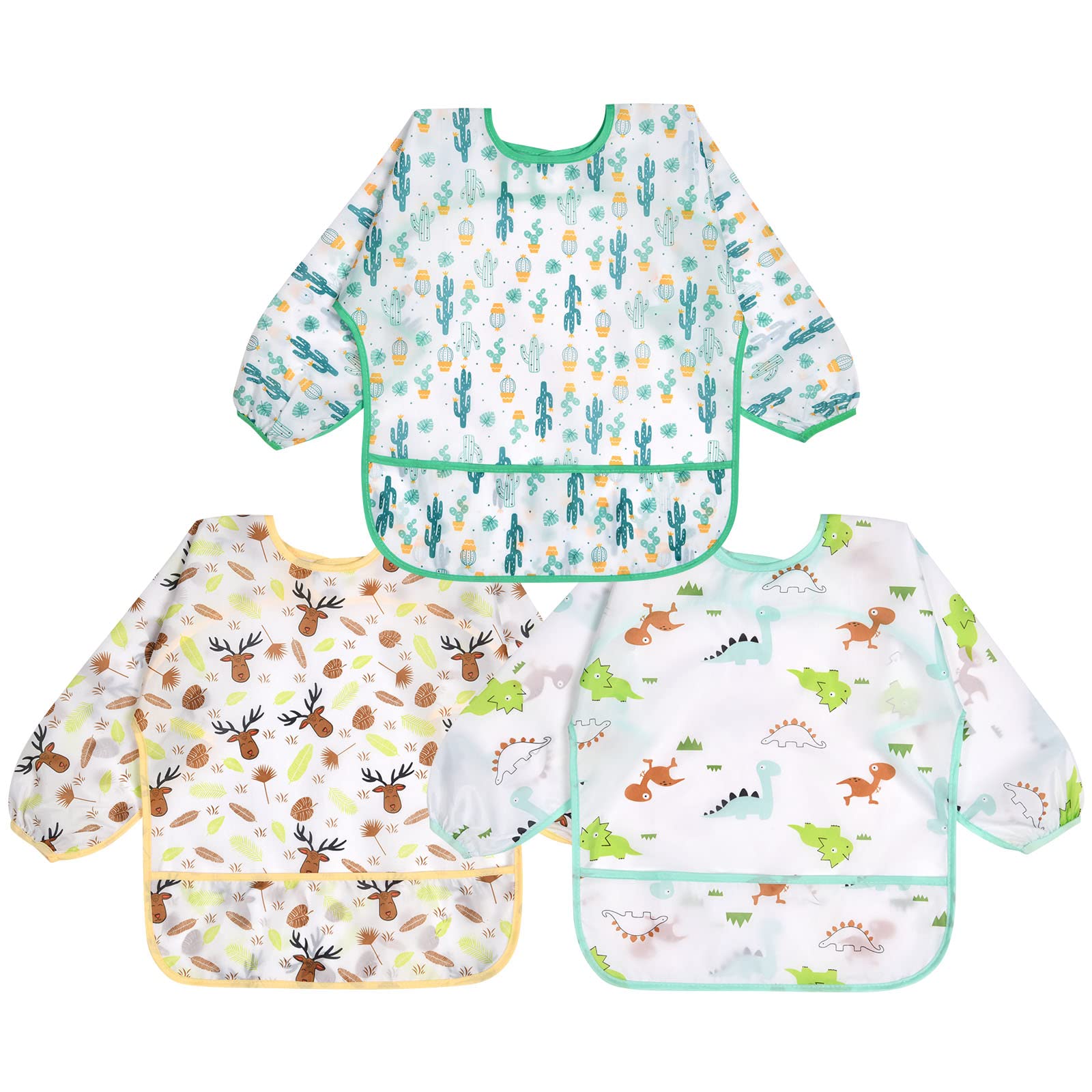 Vicloon Long-Sleeve Waterproof Bib with Large Pocket - Unisex Feeding Apron Featuring Cute Cartoon Design for Infants and Toddlers 6-24 Months