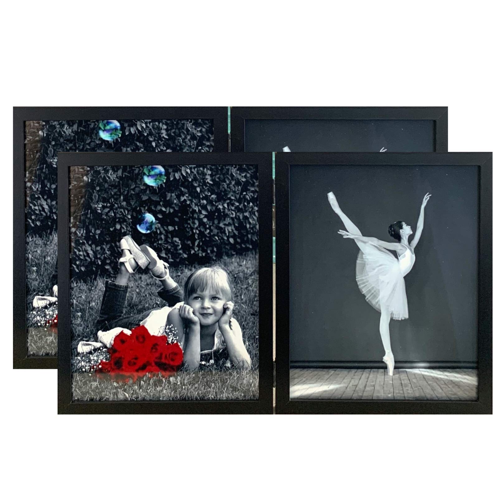 8x10 Black Folding Dual Picture Wood Photo Frames (2-Pack) with HIGH Definition Glass - Displays Two Collage Pictures, Double Hinged Picture Frame Stands Vertically on Desktop or Table Top