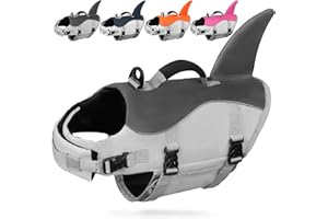 AMZNOVA Shark Dog Life Jacket, Swimming Vest with Handle, Dog Life Vest for Swimming & Boating, Ripstop & Buoyancy for Puppy Doggy, XS, Grey