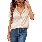 AISWI Women's 2023 Satin Button Down Shirt Short Sleeves Dress Top Summer Silk Blouse Button Up Business Casual