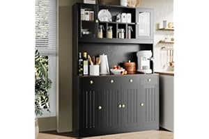 TOKSOM 71" Tall Food Pantry Cabinet with Microwave Stand & Charging Station, Kitchen Hutch Food Pantry Cabinet with 6 Doors,3 Drawers,Open Countertop & Adjustable Shelves for Dining Room