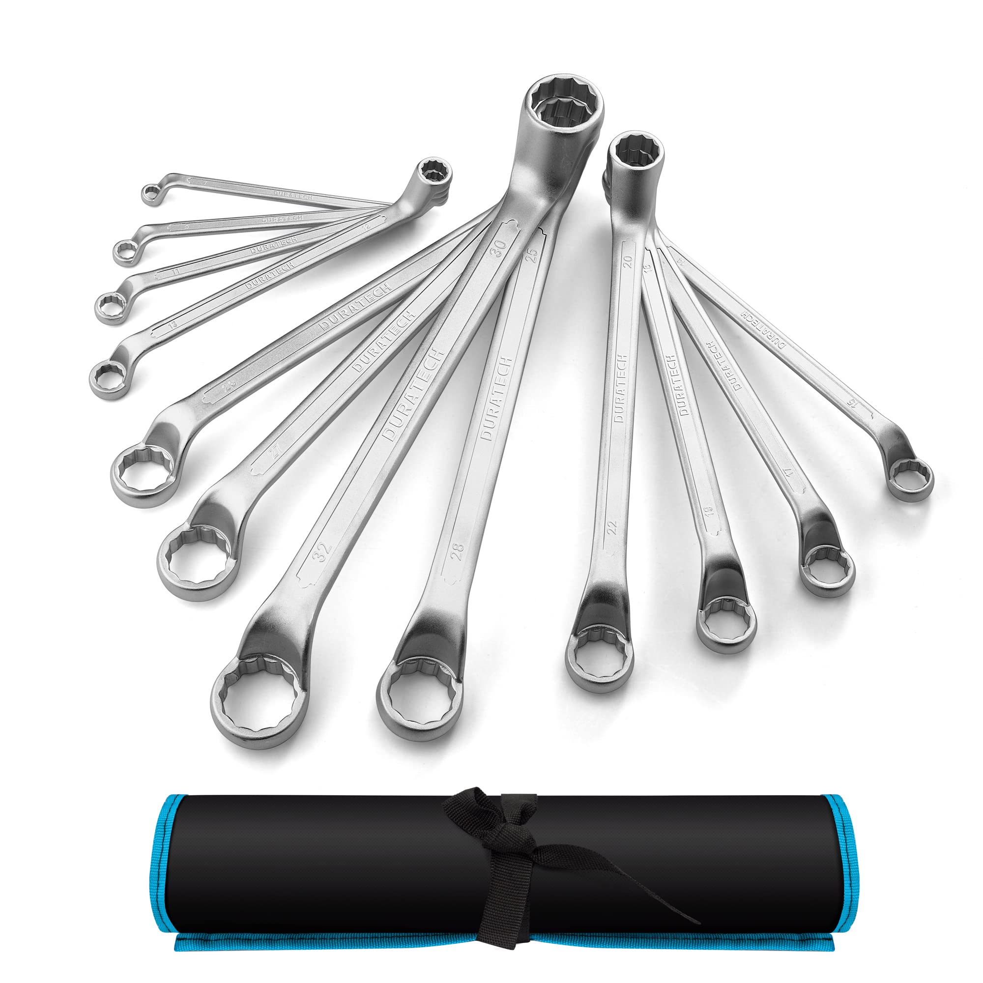DURATECH 12-Piece Offset Double Ring Spanner Set 6-32 mm, Metric Box End Wrench Set, Chrome Vanadium Steel, Matte Chrome-Plated, DIN 838, 75-Degree Offset, 12-Point, with Carry Pouch