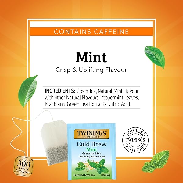 TWININGS COLD BREWED ICED TEA – MINT FLAVORED GREEN TEA WITH PEPPERMINT LEAVES, CAFFEINATED GREEN AND BLACK TEA EXTRACTS, UNSWEETENED COLD BREW TEA BAGS INDIVIDUALLY WRAPPED, 20 COUNT