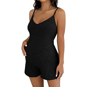 BLENCOT Maternity Ribbed Stretchy Romper V Neck One Piece Shorts Jumpsuits | Women's Sleeveless V Neck Adjustable Strap High