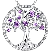 Tree of Life Necklace for Her Valentines Day Birthday Gifts Wife February March Birthstones Amethyst Aquamarine Jewelry for Women 925 Sterling Silver