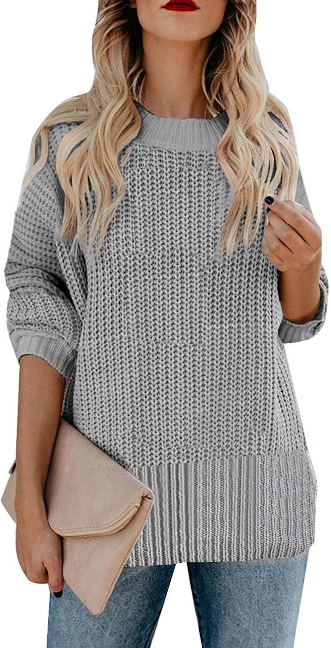 MEROKEETY Women's Crew Neck Long Sleeve Color Block Knit Sweater Casual Pullover Jumper Tops