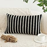 Jonhier Black Striped Lumbar Boho Throw Pillow Cover, Modern Boucle Textured Rectangle Pillowcase for Sofa Couch Bed, Neutral Farmhouse Accent Decorative Cushion Cover for Living Room, 12 x 20 inch