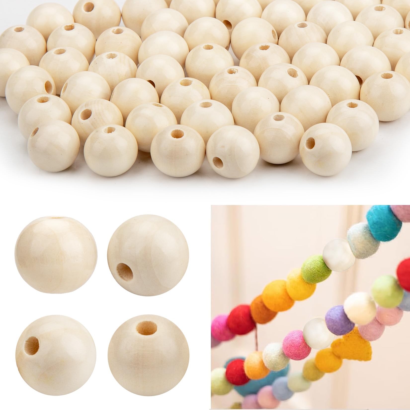 zrfgbxim 70 Pcs Wooden Beads for Crafting, 20mm Natural Macrame Round Wood Beads for DIY Handmade Craft Bracelet Necklace Jewelry Making(Log Colour)
