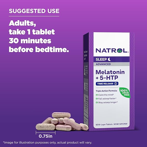 NATROL MELATONIN + 5-HTP TIME RELEASE SLEEP AID, TRIPLE ACTION FORMULA, CALM THE MIND, FALL ASLEEP FASTER AND STAY ASLEEP LONGER, 60 BI-LAYER TABLETS, UP TO A 60 DAY SUPPLY