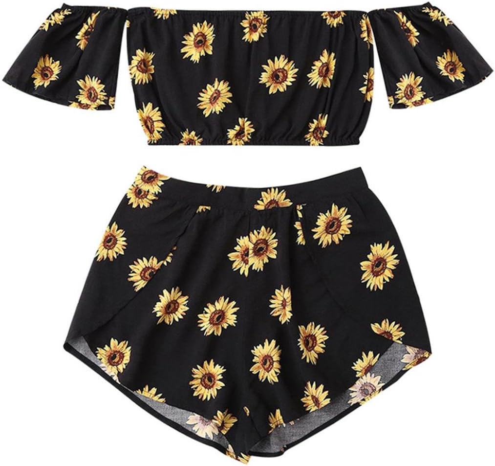 VEMOW Casual Two Piece Set Teen Girls 2020 Spring Summer New Sexy Women Off Shoulder Chiffon Slash Neck Printed Beachwear Crop Tops Set (L, Balck)