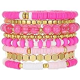 Caiyao Bohemia Multilayer Heart Clay Stackable Bracelets Set Colorful Surfer Heishi Clay Gold Beaded Stretch Bracelets for Women Men Summer Beach Boho Vacation Jewelry Gifts