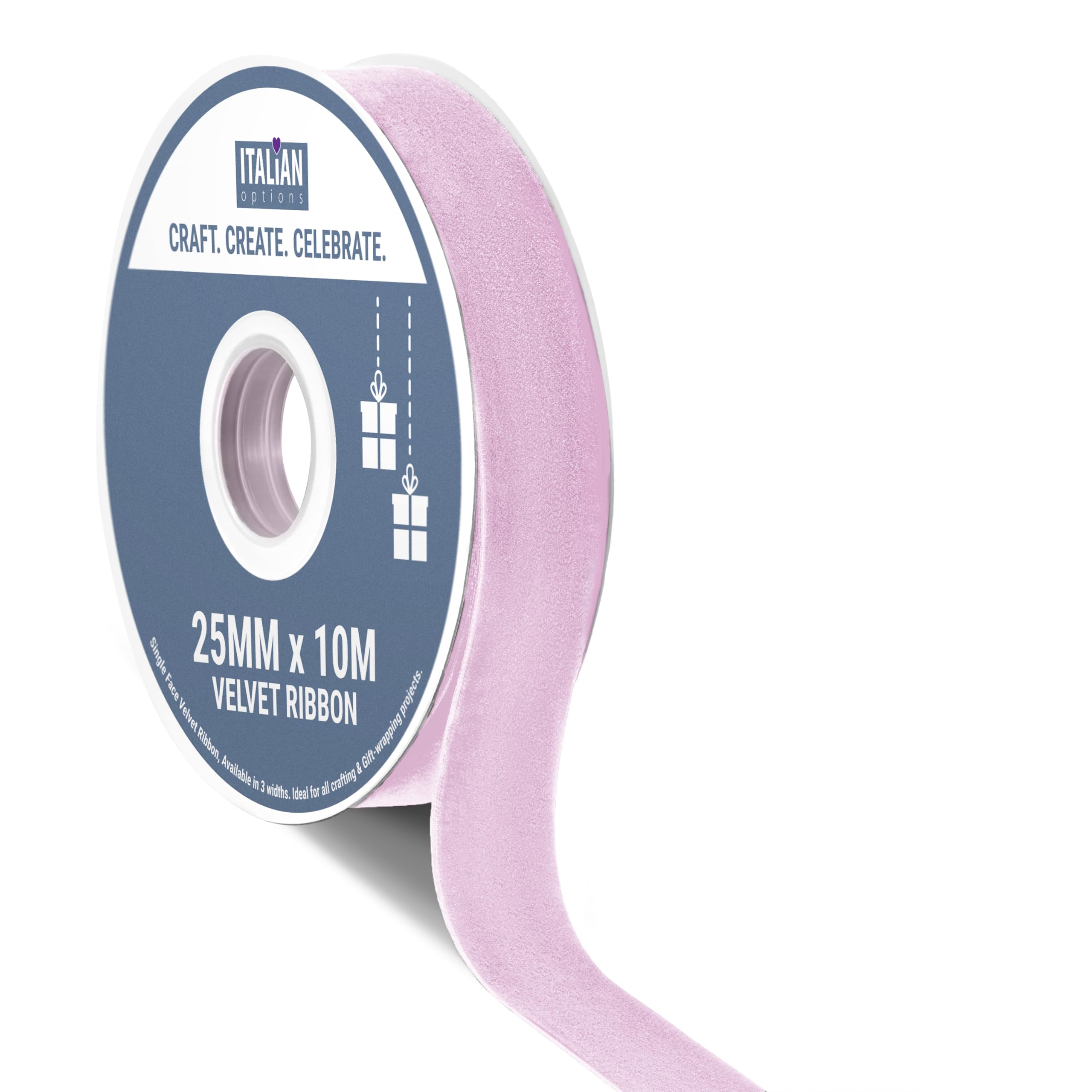 Italian Options Velvet Ribbon, Luxury, Single-Face Velvet Ribbon for Crafting, Christmas, Bows, Hair, Cakes, Weddings, Ornaments, Gift Wrapping, Flowers, 25mm x 10 Metre Roll, Vintage Lilac