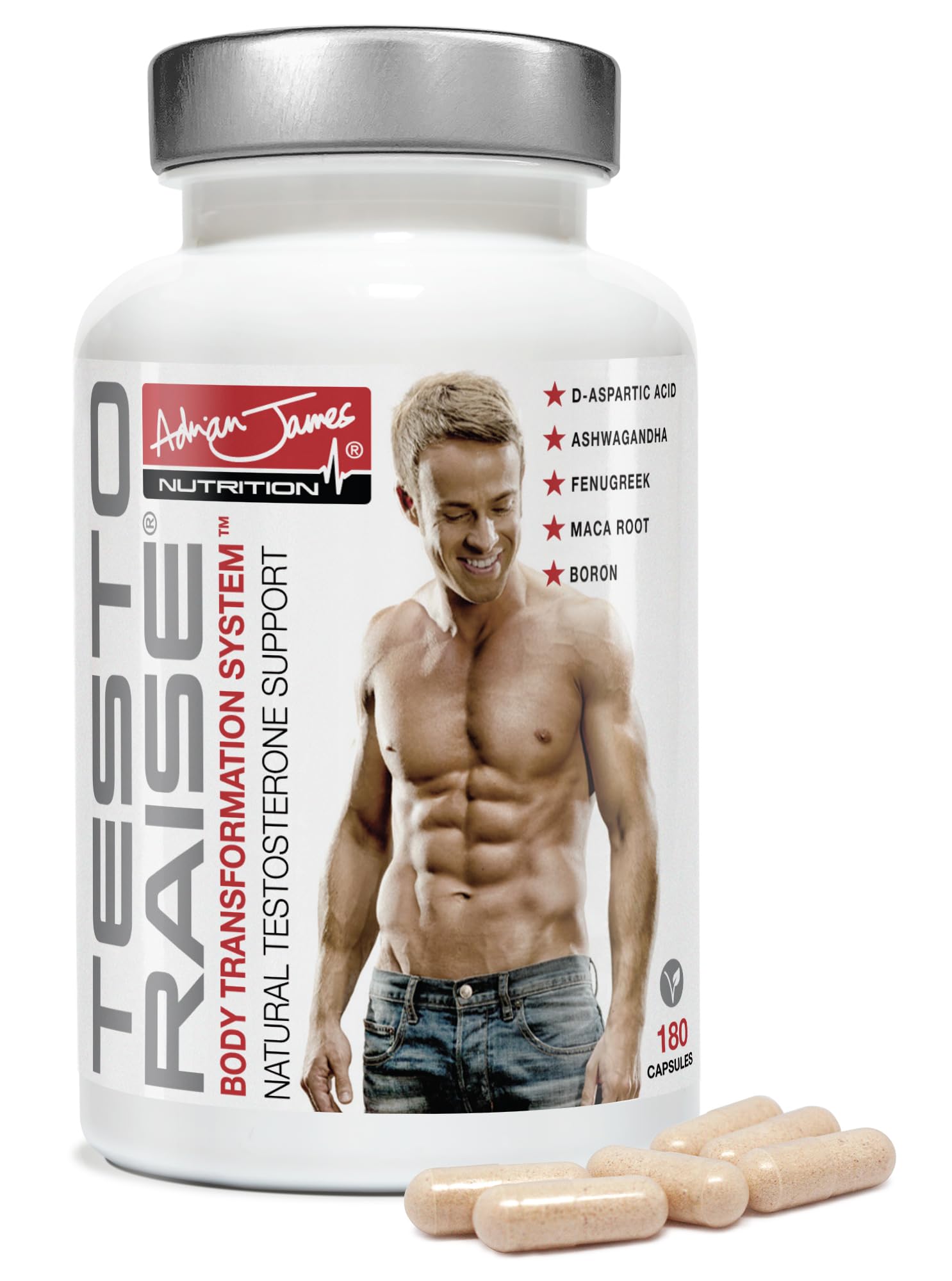 Adrian James Nutrition - Testoraise Testosterone Supplements for Men, Premium Grade Testosterone Booster with Ashwagandha, Maca Root, Fenugreek, Magnesium, Zinc, Boron, Vitamin D3 & E, 180 Capsules