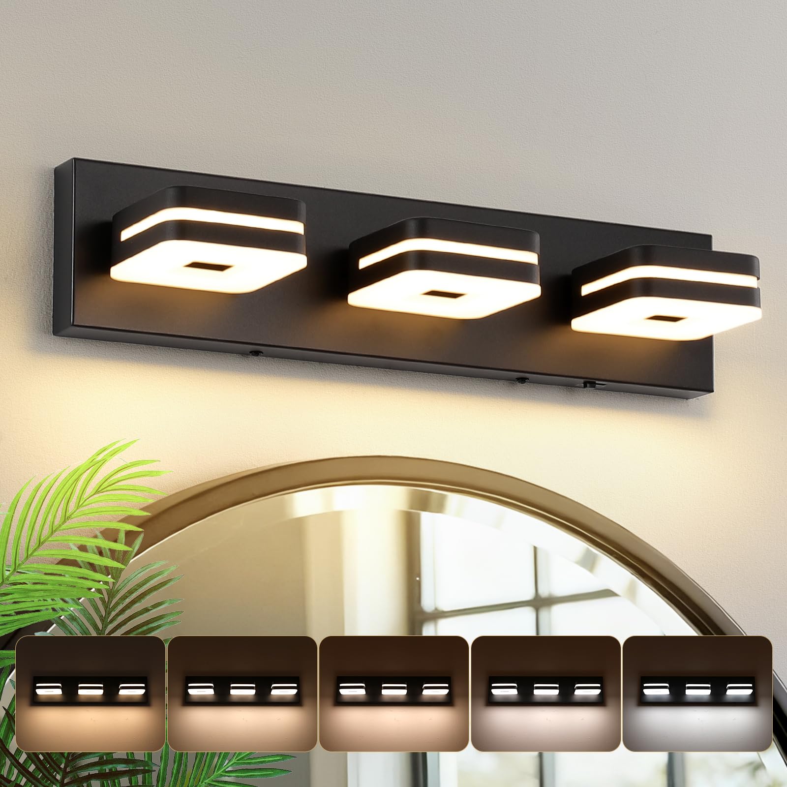 7Degobii Modern Bathroom Vanity Lights, 3-Light Dimmable LED Wall Sconce, Matte Black Vanity Light for Mirror, 5CCT Adjustable Vintage Bathroom Lighting Fixtures Over Sink