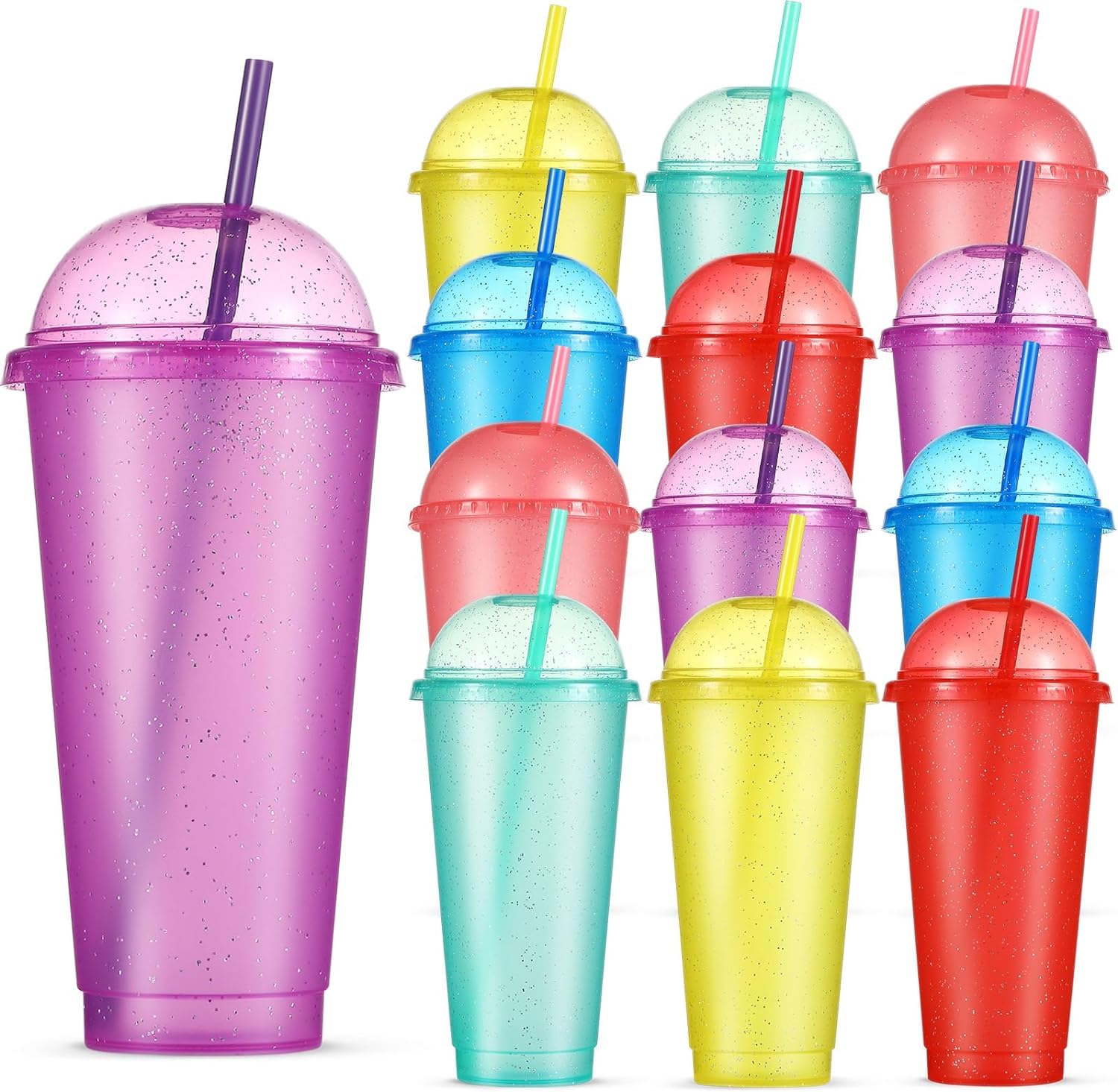 KAHEIGN 12Pcs 710ml Plastic Tumblers with Dome Lids and Straws, Colorful Gliter Water Cups Reusable Cute Kids Drinking Cup Bulk Travel Mugs Party Tumbler for Iced Drinking Coffee Water (6 Colors)