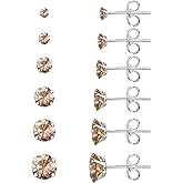 6 Pairs Stud Earrings Set, Hypoallergenic Cubic Zirconia 316L Earrings Stainless Steel CZ Earrings 3-8mm (Steel color)