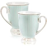 Dicunoy 2 Pack Bone China Mugs, 11oz Fine China Coffee Tea Cups with Gold Trim, Thin Vintage Cup with Pedestal for Valentine's Day, Mother's Day, Birthday, Anniversary, Christmas Gift