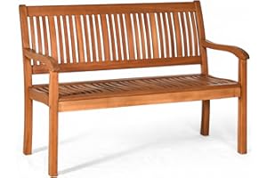 DORTALA Outdoor Bench, 50'' Long Eucalyptus Wood Bench with Backrest and Armrest, Wooden Garden Slatted Loveseat for Porch Ba