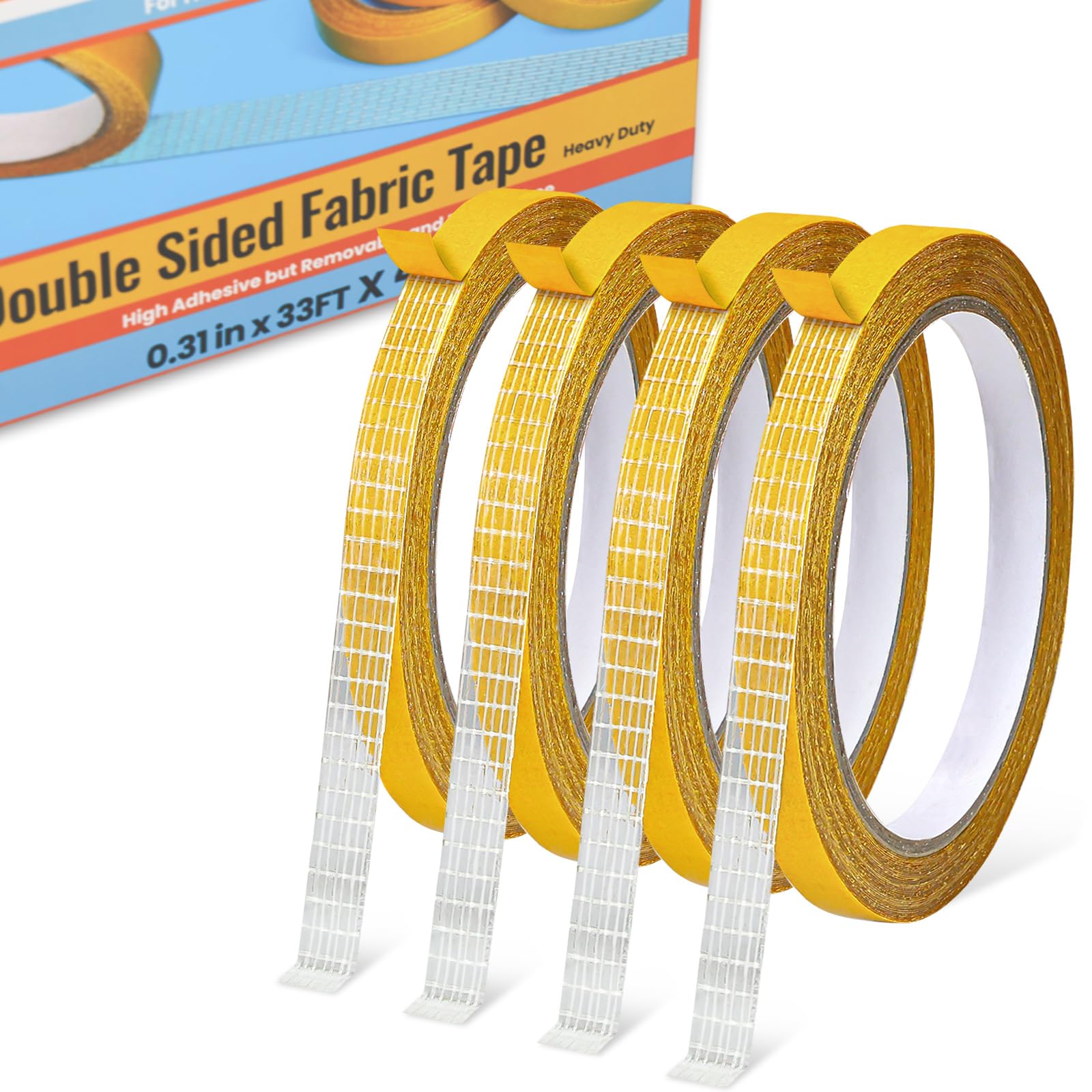 Photo 1 of YINTTIAN Double Sided Fabric Tape Heavy Duty for Hem, Fashion Dress, Cloth, Curtains, High Adhesive Sticky but Removable, No Sewing or Ironing Need, 0.31in x 33FT/10m x 4Rolls