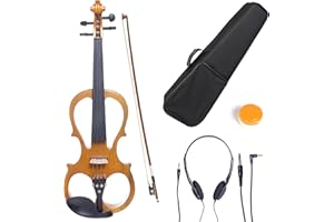 Cecilio 4/4 Full Size Electric Silent Violin, Hand-Carved Solid Maple Wood, Complete Set with Case & Ebony Fittings, Ideal for Practice, Stage & Studio Use, Yellow Maple Metallic