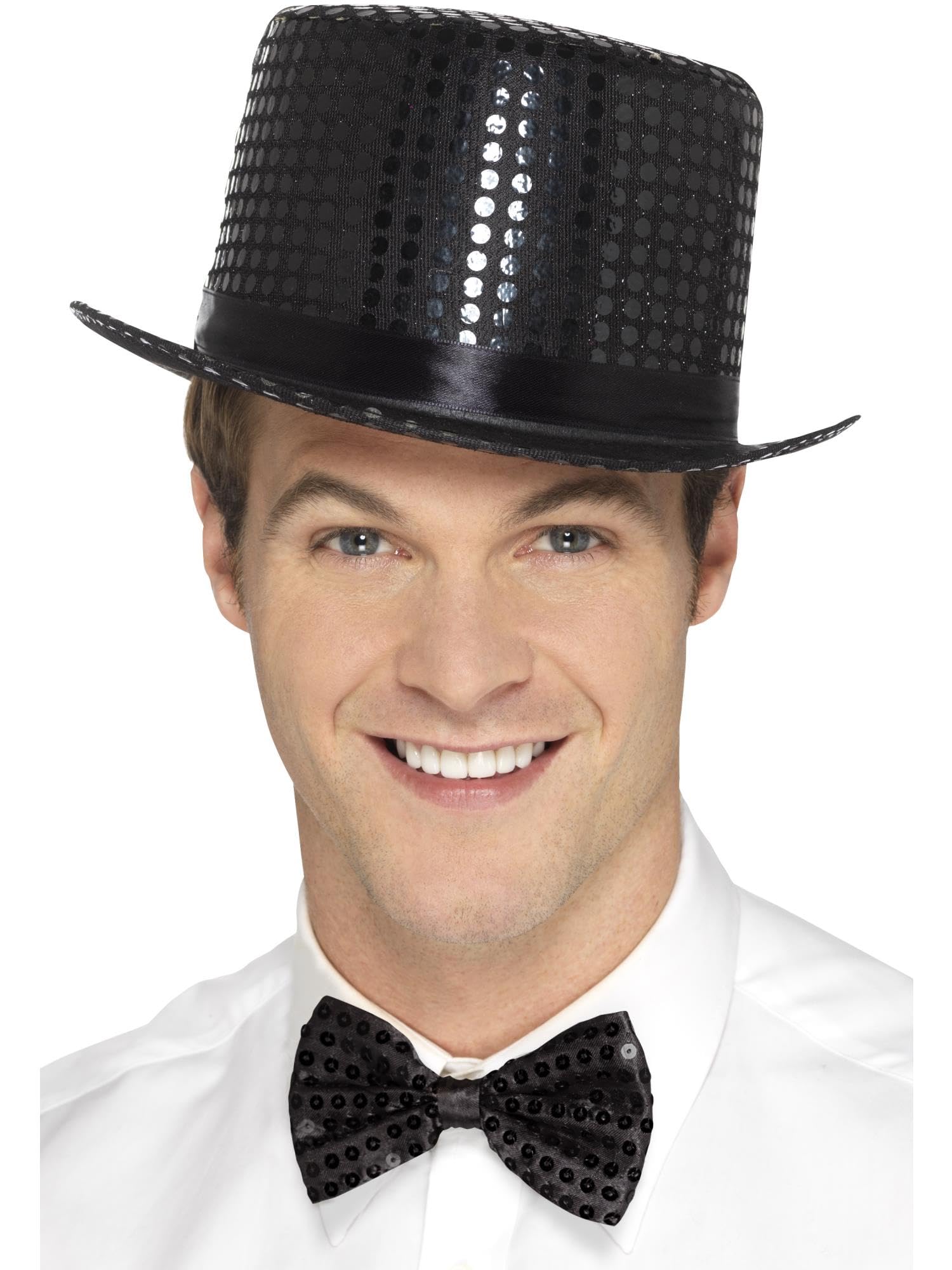 Smiffys Sequin Top Hat, Black with Elastic Inner Rim, Party & Carnival Fancy Dress, Adult Dress Up Hats