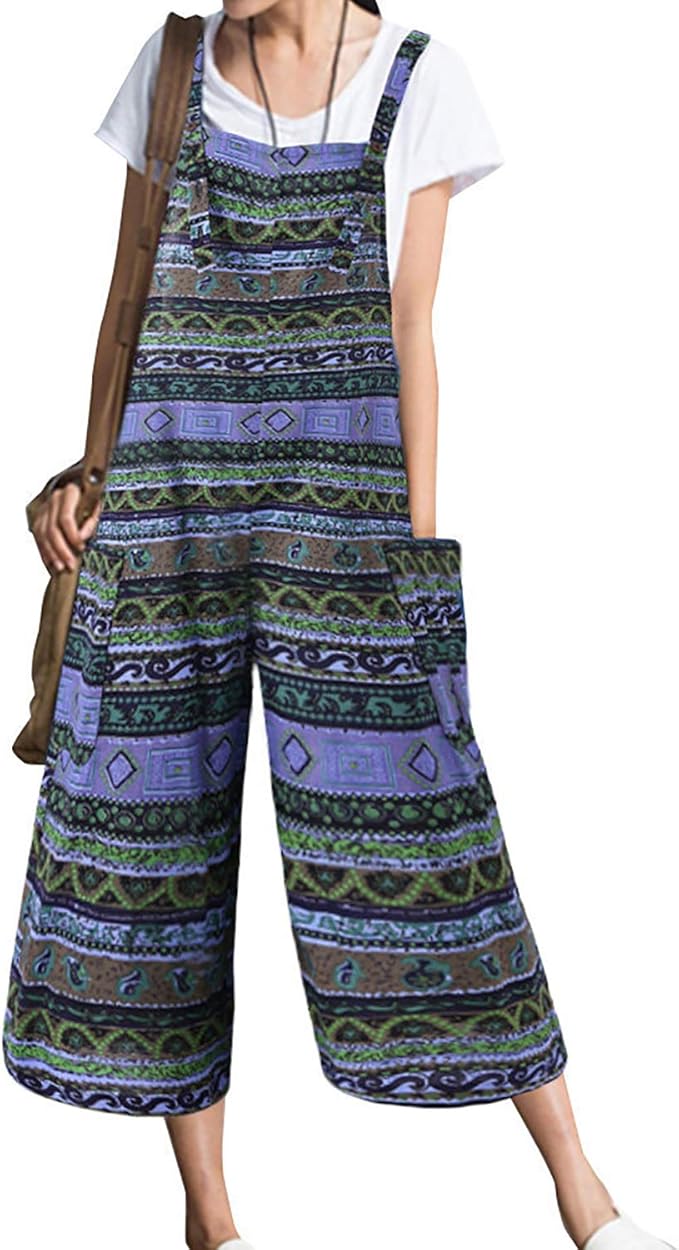 CNFIO Overalls for Women Boho Adjustable Strap Cotton Loose Long Bib