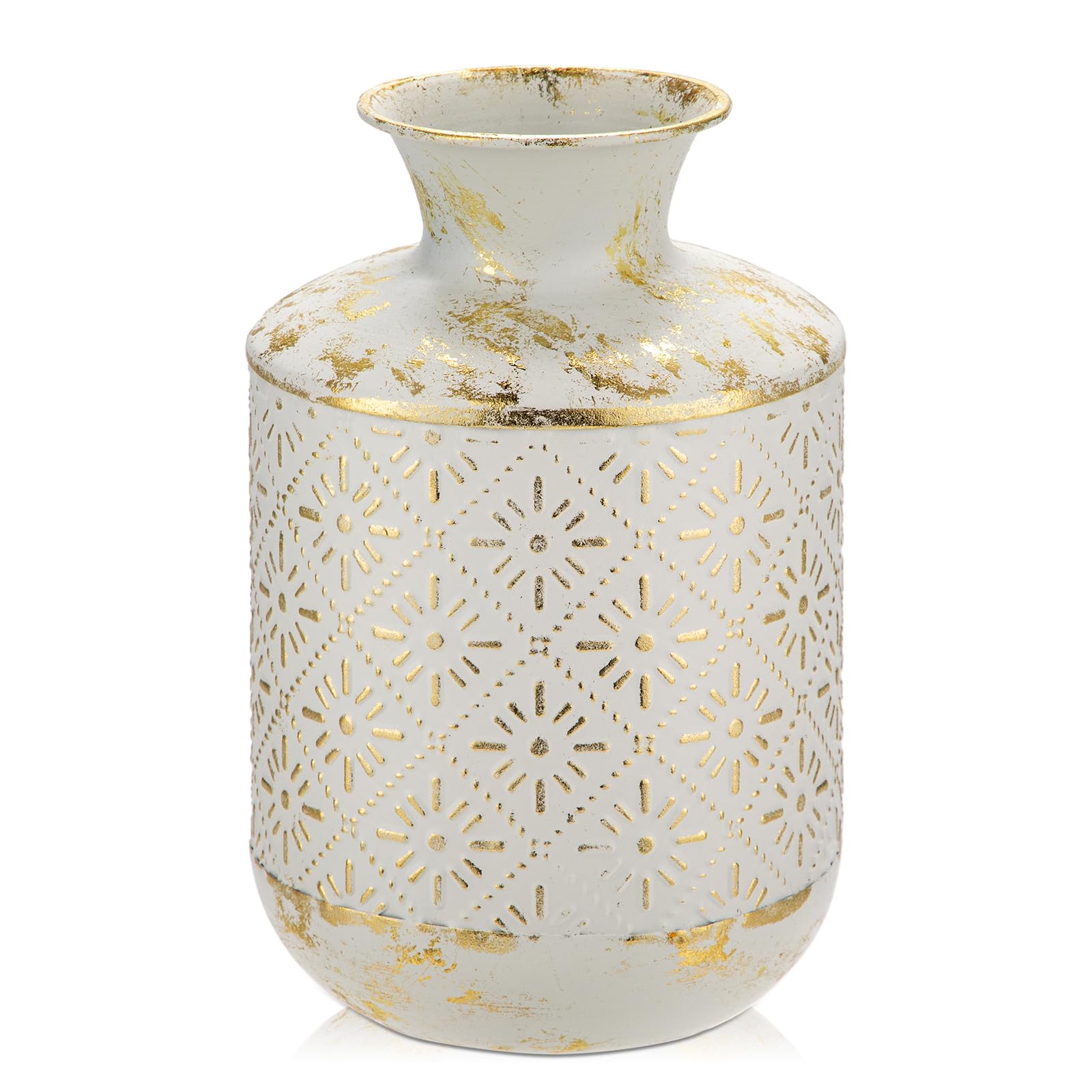 Photo 1 of **HAS A DENT ** Flower Vase Rustic Metal Vase, 10.2" Vintage White and Gold Distressed Vase for Farmhouse Home Décor Artificial Flowers and Centerpieces