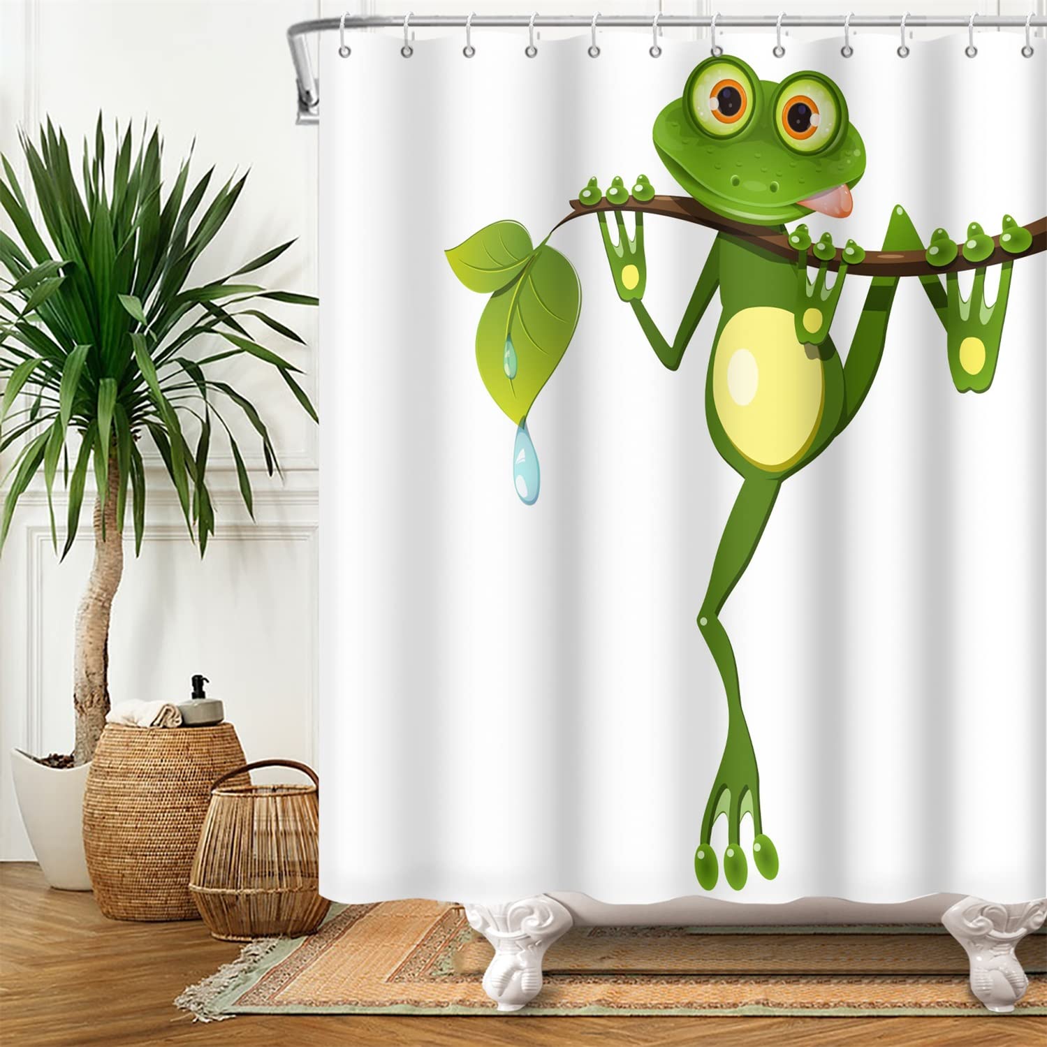 SDOTPMT 140x183cm Cute Cartoon Frog Shower Curtain Little Frog on Tree Branch Green Leaves Bath Curtain Summer Animal White Bathtub Curtain for Kids Bathroom Polyester Waterproof with Hooks