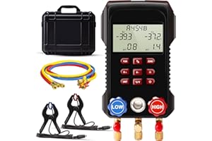 SIMBOW Digital Manifold Gauge, AMF-300 Digital AC Gauge Set HVAC Gauges with Super Soft 3000 Psi Air Hose Strong Biting Force Temperature Clamp for HVAC System Install Tool A2L R454B R-32 R-1234yf