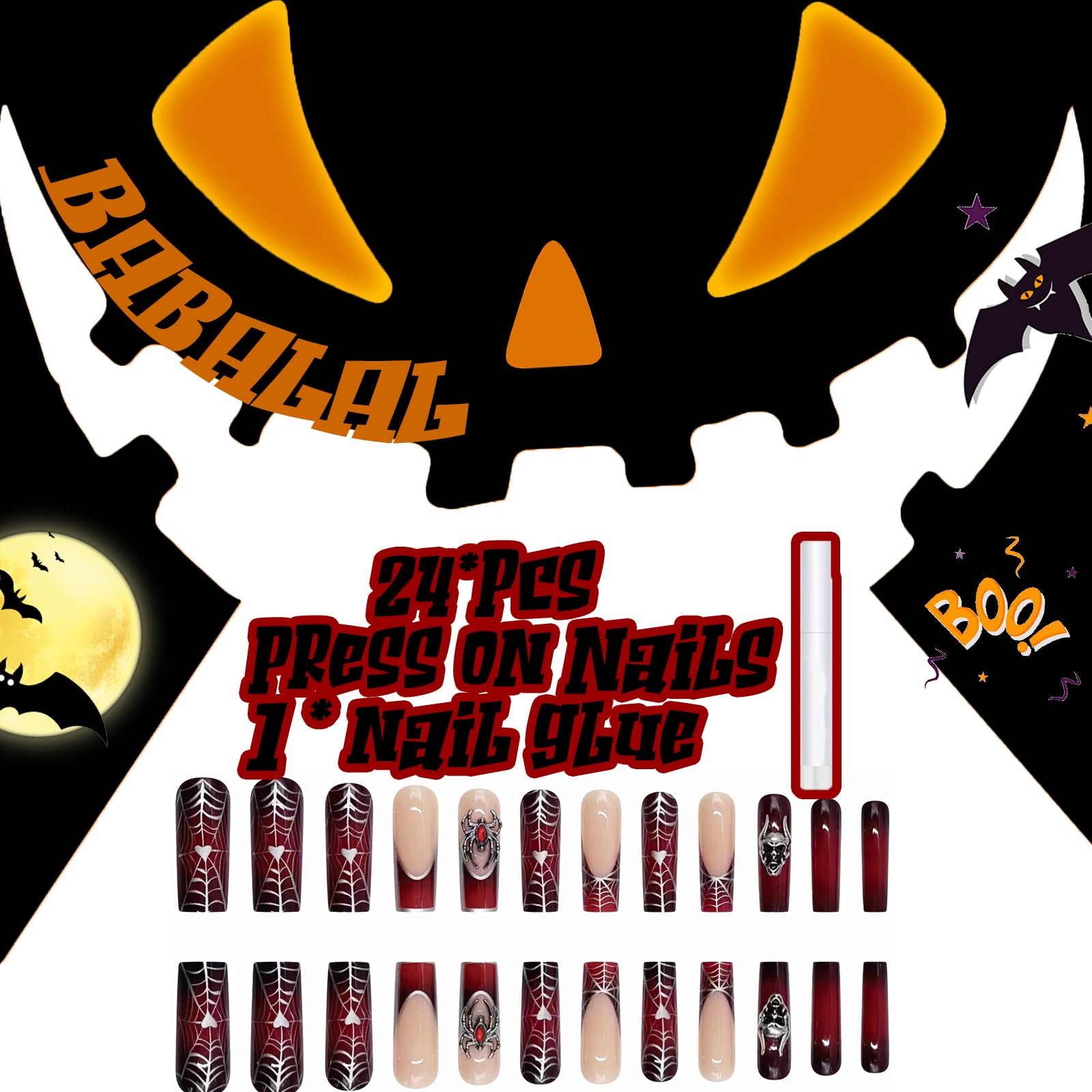 BABALAL Press on Nails Long Square Fake Nails Dark Black Red Glue ons Nails Metallic Spider Skull Charm Design Halloween Acrylic Nails 24Pcs Luxury Goth Squoval False Nails - Image 5